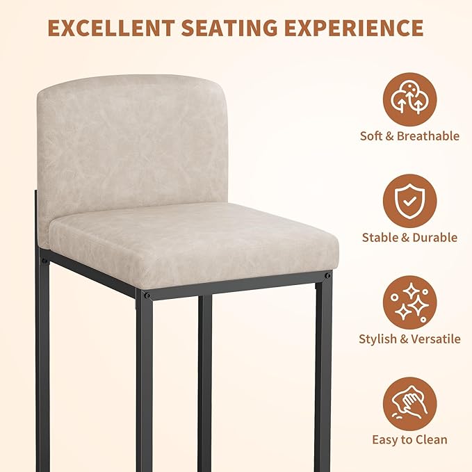 GarveeHome Bar Stools Set of 2, Modern Counter Height Bar Stools with Back and Footrest, Faux Leather Upholstered Barstools Chairs for Kitchen Island Dining Room Bar, Beige