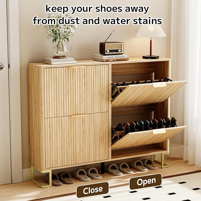 Fluted Shoe Cabinet Storage with 4 Flip Drawers, Wood Narrow Hidden Shoe Cabinet with Metal Legs & Adjustable 2 Tier Shelf for Entryway, Freestanding Slim Shoe Rack Organizer for Hallway Living Room