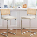 Zesthouse Natural Rattan Counter Stools Set of 2, 26'' Modern Counter Height Barstools, Thin Linen Bar Stools with Solid Wood Back, Mid Century Cantilever Bar Chairs for Kitchen Island, Beige Grayish