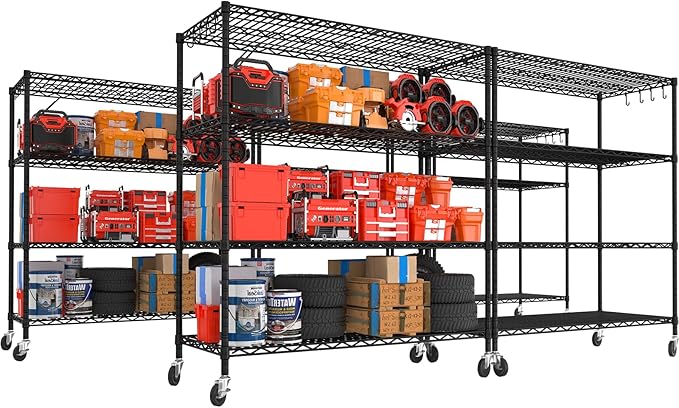 PrimeZone 5 Packs 55.5" W x 24" D x 80" H Heavy Duty Wire Storage Shelves with Wheels, 4 Tier Adjustable NSF Commercial Garage Shelving Unit, Rolling Metal Organizer Shelf Rack for Warehouse, Pantry