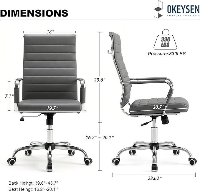 Okeysen Grey Office Desk Chair, Ergonomic Leather Modern Conference Room Chairs, Executive Ribbed Adjustable Swivel Rolling Chair for Home Office.