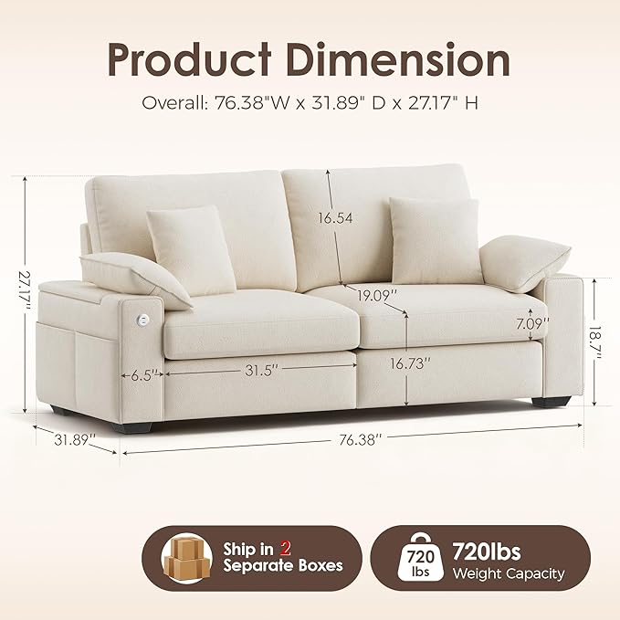 76.38'' Modern Loveseat Sofa, 2 Seats, Beige | USB/Type-C Port, Side Storage, Removable Cover, Easy Assembly, Small Spaces