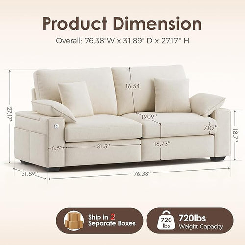 76.38'' Modern Loveseat Sofa, 2 Seats, Beige | USB/Type-C Port, Side Storage, Removable Cover, Easy Assembly, Small Spaces