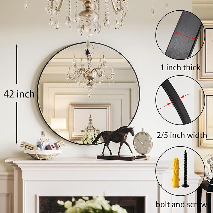 Growsun 42'' Large Round Mirror Bathroom Mirror for Wall, Metal Frame Round Mirror for Fireplace Living Room Wall Decor, Black Frame
