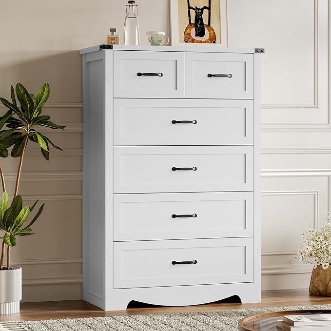 BORNOON Tall 6-Drawer Dresser for Bedroom, Modern Wooden Chest of Drawers with Metal Handles, Anti-Tipping Design, Sturdy and Stable Storage Organizer for Living Room, Entryway, Home Office