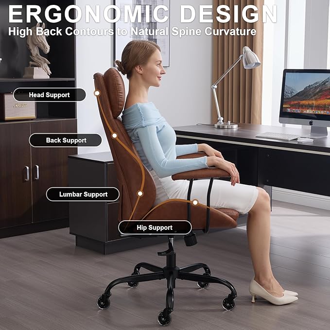 E-Motie Office Chair, Leather Desk Chair with Rubber Wheels, Ergonomic Computer Chair 500 LBS with Lumbar Support, High Back Executive Chair for Modern Home Office, Brown