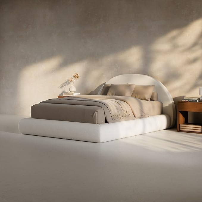 RECCI AirFrame Half-Moon Upholstered Full Platform Bed Frame, Velvet Curved Arched Base with Headboard, 5 Inch Fully Round Cushioned Foam, No Box Spring Needed, Easy Assembly | Round Shaped, Boucle, Low-profile, Soft