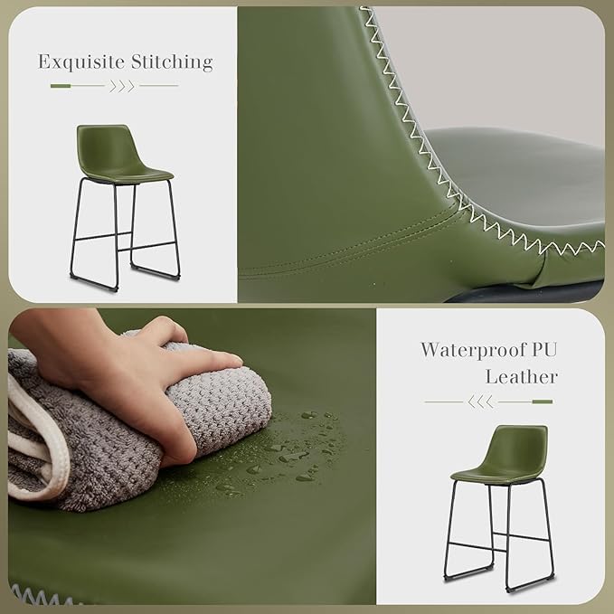 DUMOS 26 Inch Counter Height Bar Stools Set of 2, Modern Faux Leather High Barstools with Back and Metal Leg, Bar Chairs for Kitchen Island, Green
