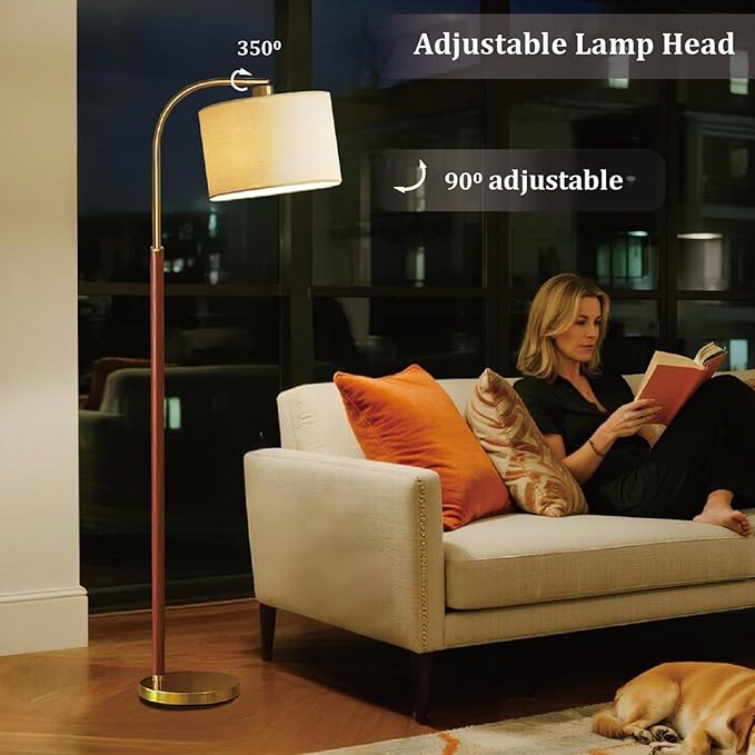 66” Walnut Gold Floor Lamp for Living Room, 1200 Lumens 3-Level Brightness Arc Floor Lamp for Bedroom, Wood Vintage Mid Century Modern Standing Lamp, Adjustable Lampshade, LED Bulb Included