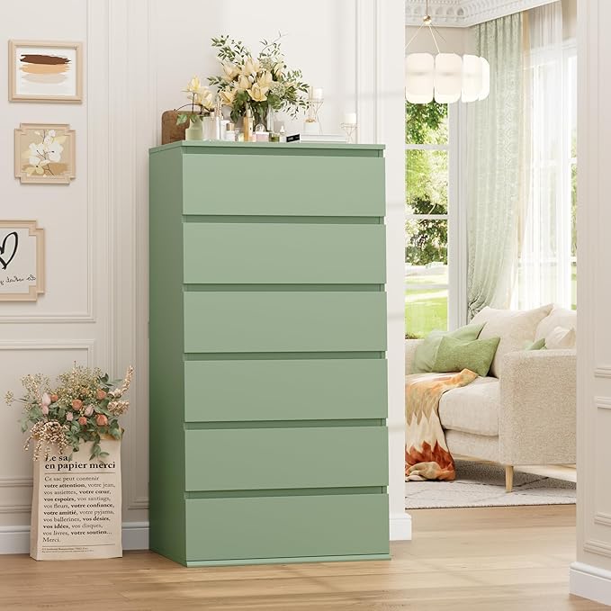 FOTOSOK Green Dresser, 6 Drawer Dresser, Modern Tall Floor Storage Cabinet with Metal Sliding Rail, Wooden Handleless Drawer Cabinet, 6-Layer Large Capacity Vertical Dressers for Home & Office