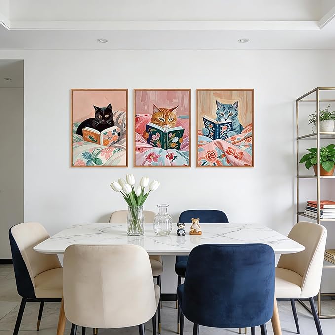 HPNIUB Framed Vintage Black Cats Canvas Wall Art, Funny Animal Reading Books Poster Printing Pictures, Pink Cute Cat Lovers Wall Decor for Girls Room Bedroom Living Room(Set of 3,12X16 Inch)