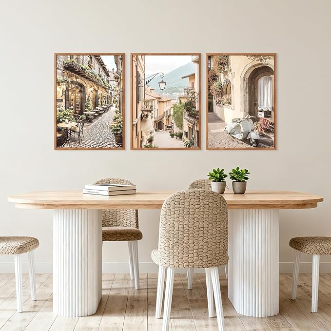 HPINUB Foreign Scenery Framed Canvas Wall Art Set, (Set of 3,12X16 Inch) Vintage Travel City Wall Decor,Modern Minimalist Europe Street Picture Nature Landscape Art Print for Living Room,Bedroom