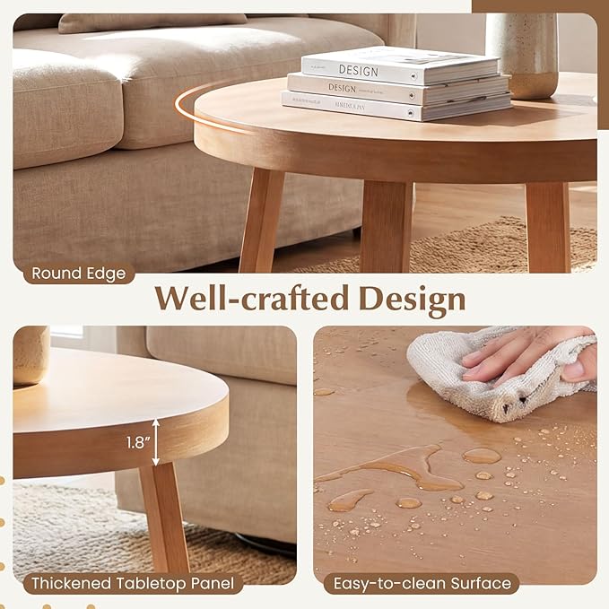 Giantex Round Coffee Table, 30" Wood Center Table with Thickened Tabletop & Cross-Shaped Pine Wood Frame, 220 lbs Capacity, Modern Living Room Table for Small Spaces, Natural