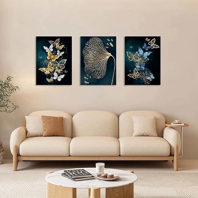 Modern Abstract Gold and Blue Butterfly Leaf Wall Art, 3 Piece Framed Canvas Set for Living Room Bedroom Office Wall Decor, 12x16 Inch, with Hooks and Nails