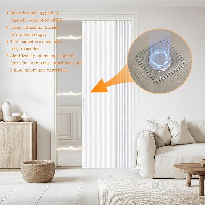 Jilron Accordian Door Curtain, 100% Blackout Folding Magnetic Doorway Curtains,Linen Style Closet Doors,for Room Divider,Privacy Protection（W72 x L78,White,1 Panel）