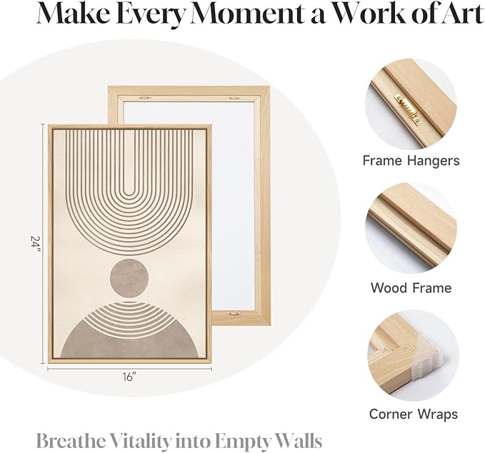 Framed Boho Neutral Abstract Wall Art for Living Room, 3 Piece Mid Century Modern Painting Prints, Minimalist Geometric Canvas Artwork for Dining Room Bedroom Hallway Office Wall Decor, 16x24 In