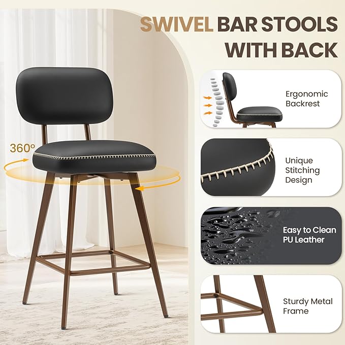 MALOL 26“ Swivel Bar Stools Set of 4, Mid Century PU Leather Counter Height Bar Chairs with Low Back and Metal Legs, Modern Bar Stool Chair for Kitchen Island, Black