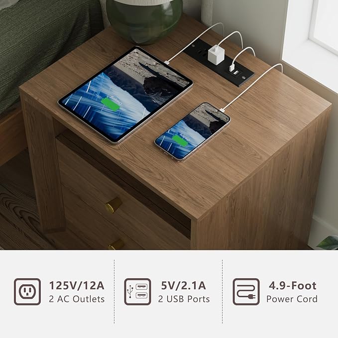 FORTUNETEC Nightstand with Charging Station, Mid Century Modern Nightstand with Wood Grain Texture, Minimalist End Table with Drawers Storage, Bedside Table for Bedroom Living Room Office, Walnut