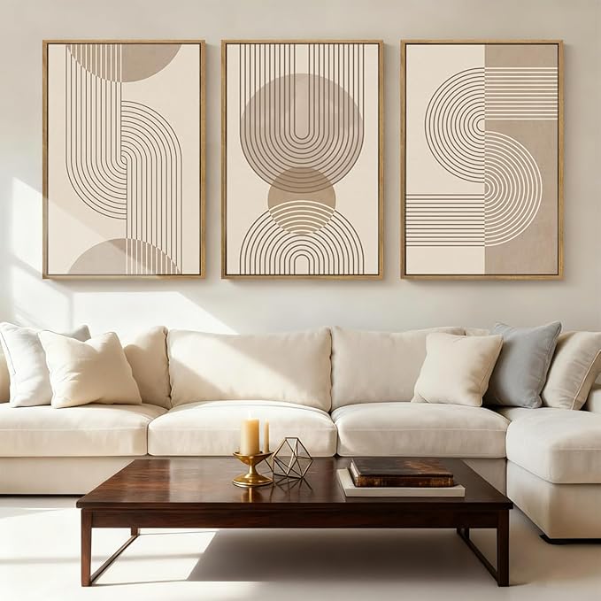 Anyzal Large Neutral Boho Framed Wall Art,Modern Mid Century Wall Decor Canvas,Beige Minimalist Art Print Abstract,Geometric Neutral Artwork Boho for Home Living Room Bedroom Office Set of 3 16''x24''
