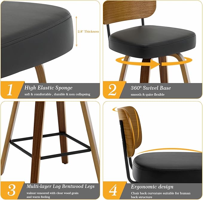 Bekrvio Swivel Counter Height Bar Stools Set of 4, Mid-Century Modern Upholstered Faux Leather Barstools with Wood Back, 26" Seat Height Bar Stools for Kitchen Island, Black Seat and Walnut Frame