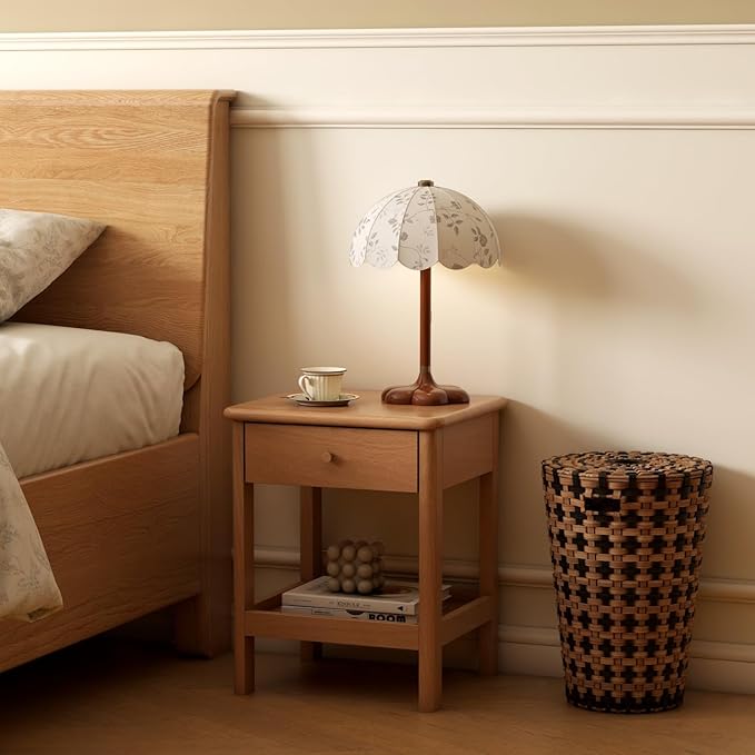 Wood Side Table Set of 2, Small Wooden Bedside Table with Drawer and Open Storage, Wooden Night Stand for Bedroom, Living Room, Natural, 18.5" H