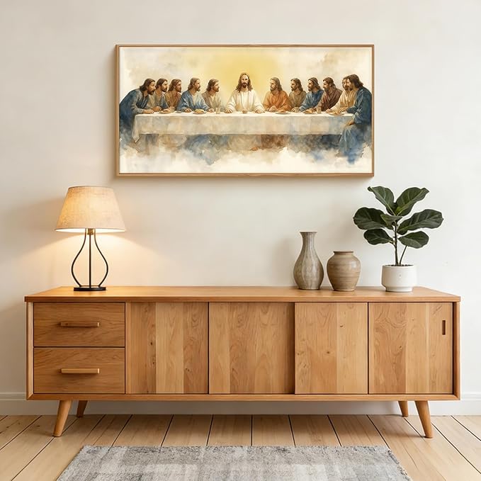 FWIEXA Jesus Last Supper Canvas Wall Art, Framed Easter Christian Decor Painting, Religious Boho Prints, Bible Watercolor Artwork, 20x40In Verse Scripture Pictures for Living Room,Bedroom,Prayer Room