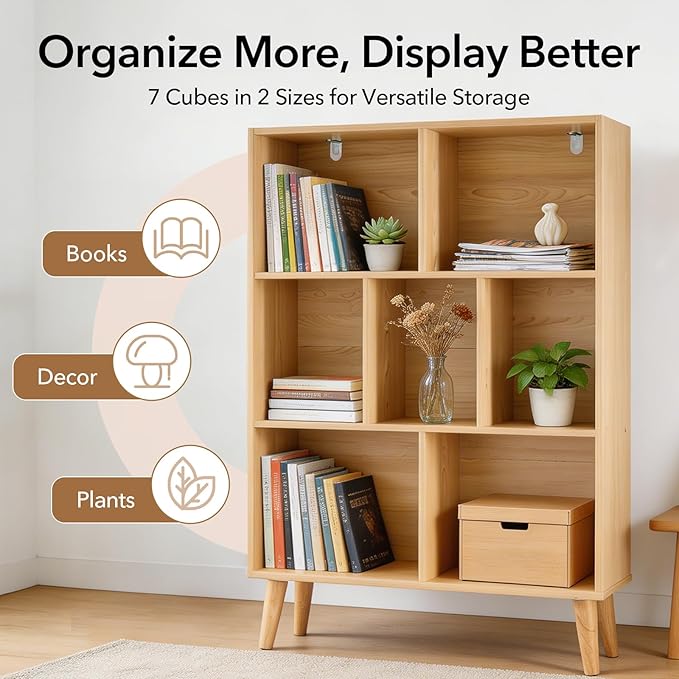 DUMOS Bookshelf, 7 Cube Book Shelf with Legs, 3-Tier Modern Wooden Bookcase, Free Standing Cube Shelf for Living Room, Bedroom, Office, Wood