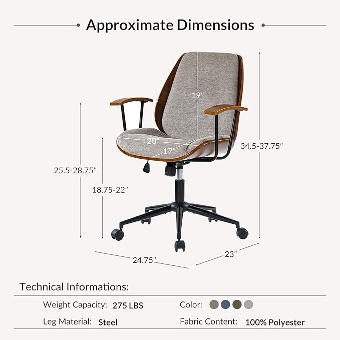 Modern Office Chair with Bentwood Polyester Upholstery Ergonomic Swivel Desk Chair with Adjustable Height for Home Office or Study Tan