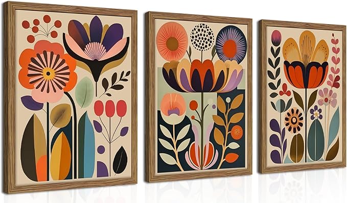 Framed Colorful Floral Wall Art Set of 3, Abstract Scandinavian Flower Canvas Wall Decor Paintings, Mid Century Modern Botanical Artwork Pictures Prints for Living Room Bedroom Dining Room 12x16 Inch