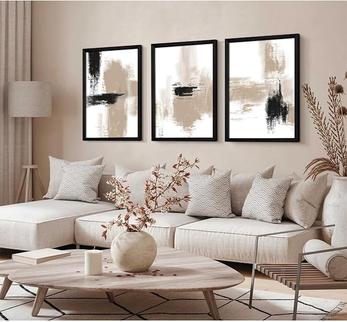 Joocrise Beige Abstract Wall Art Painting Set of 3 Neutral Canvas Wall Art Prints Black Beige Modern Wall Decor Minimalist Art Pictures Abstract Modern Artwork for Room Bedroom 12x16 Inch Wood Framed