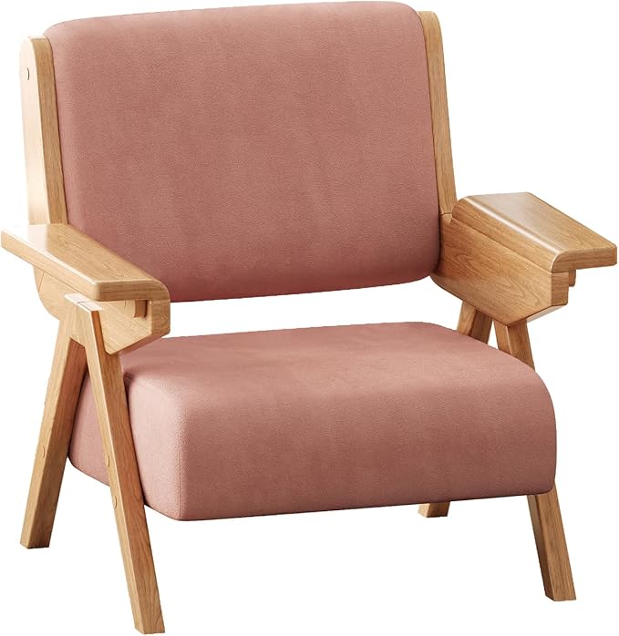 Accent Chair Mid Century Modern Chair, Velvet Upholstered Lounge Arm Chair with Solid Wood, Cozy Seating for Living Room, Bedroom, Balcony (Pink, Single Chair)