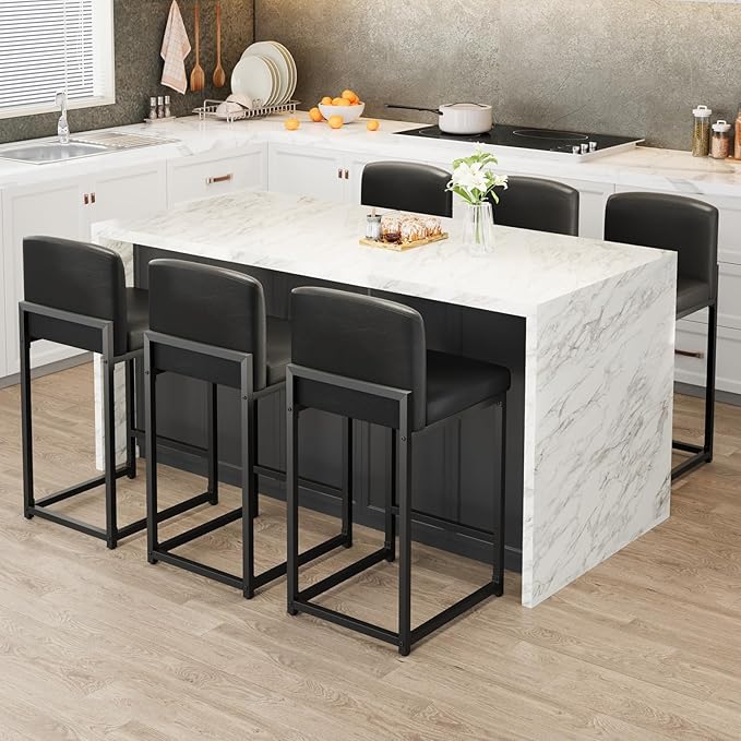 GarveeHome Bar Stools Set of 4, Modern Counter Height Bar Stools with Back and Footrest, Faux Leather Upholstered Barstools Chairs for Kitchen Island Dining Room Bar, Black
