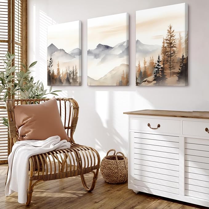 Neutral Mountain Wall Art Decor Set of 3 Forest Canvas Wall Art Poster Landscape Wall Art Artwork Modern Pictures Abstract Painting Watercolor Prints for Living Room Bedroom 12x16 Inch Wrapped Canvas