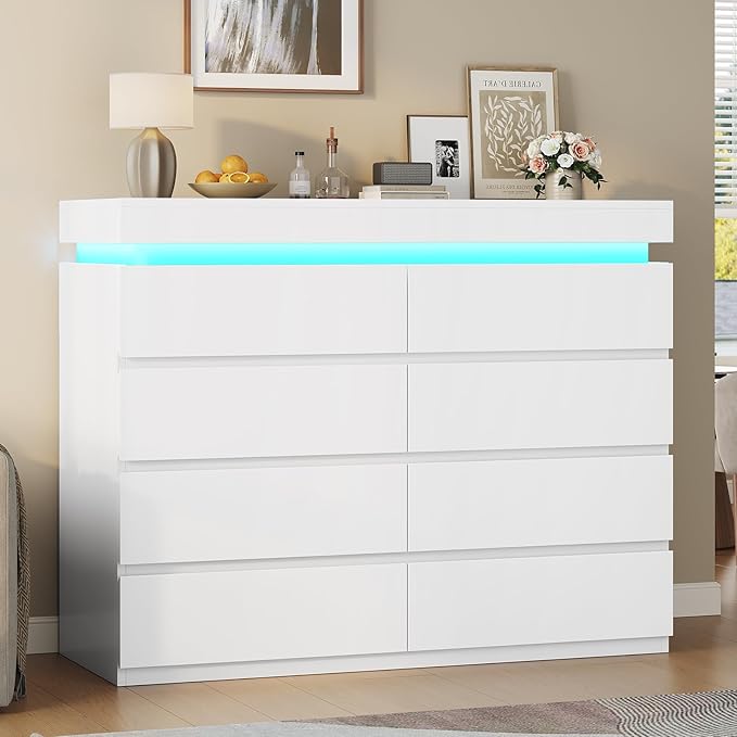HAUOMS 8 Drawer Dresser with LED Light, White Modern Chest of Drawers for Bedroom,Closet Dressers with Drawers for Living Room, Entryway, Hallway