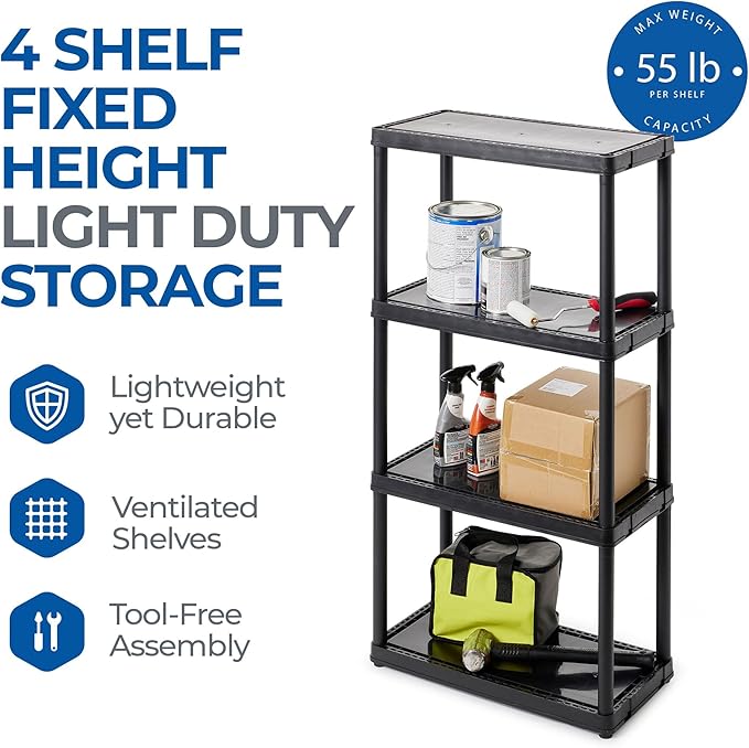 Gracious Living 4 Shelf Fixed Height Solid Light Duty Storage Unit 12 x 24 x 48" for Home, Garage, Basement, & Laundry, Black (4 Pack)