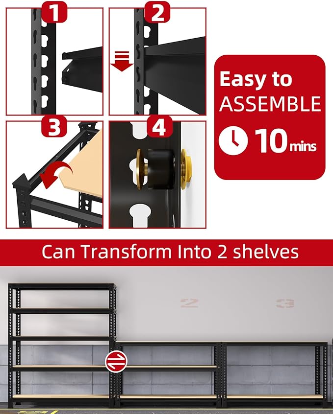 PrimeZone 32" W x 16" D x 63" H Storage Shelves - 5 Tier Adjustable Garage Storage Shelving, Heavy Duty Metal Storage Utility Rack Shelf Unit for Warehouse Pantry Closet Kitchen, Black