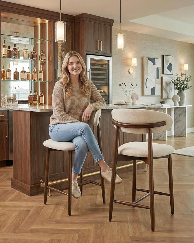 Bar Stools Set of 4, 25.6″ Counter Height Bar Stools with Wood Legs, Upholstered Modern Kitchen Barstools for Kitchen Island Dining Room Bar, Beige