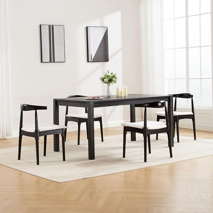 ROCITY Black Dining Chairs Set of 4 Wood Kitchen Chairs with Linen Fabric Cushion and Barrel Backs Mid Century Modern Dining Room Chairs