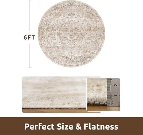 AMOAMI-6FT Round Rug-Rugs for Living Room-Vintage Soft Beige Rugs for Bedroom-Non Slip Circle Rug-Machine Washable Rug for Dining Room Living Room Bedroom Office Under Table