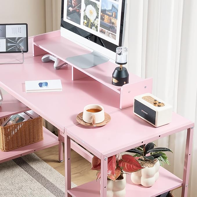 MINOSYS Computer Desk 55-inch with Storage Shelf - Pink Ideal Gaming Desk for Bedrooms, Small Spaces, and Home Offices Modern Writing Desk for PCs.