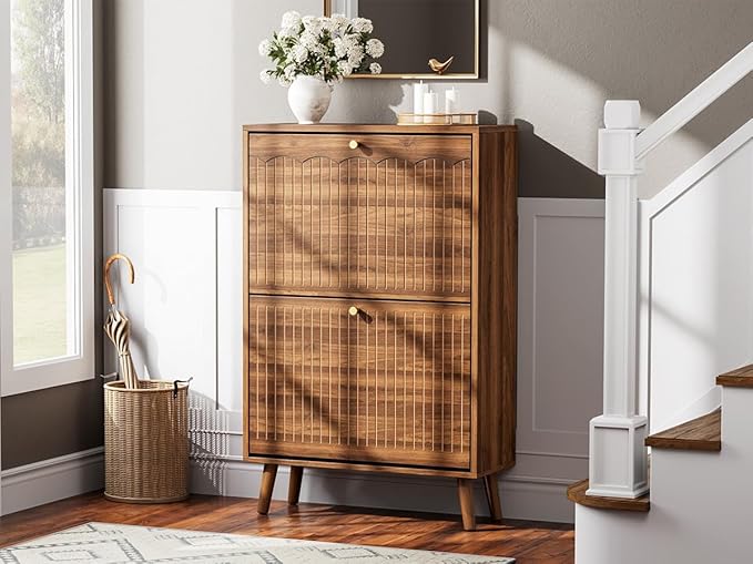 Nicetree Shoe Cabinet Storage for Entryway, 9.5" Narrow Shoe Organizer with Architectural Arched Fluted Front, Slim Shoe Rack with Adjustable Shelves,Fits Size 12 Shoes,Timeless Walnut