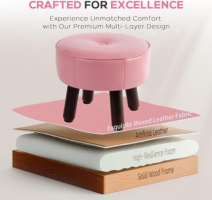 oakvivo Small Foot Stool Round Pouf Ottoman, 13'' Leather Foot Rest with Non-Skid Rubber Legs, Foolstool Ottomans for Couch, Sofa Footrest Step Stool for Living Room Bedroom Entryway Office, Pink