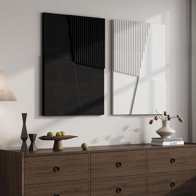 Large 3D Textured Black and White Abstract Wall Art for Living Room, 2 Piece Modern Geometric Paintings Artwork for Walls, Minimalist Balck White Pictures for Dining Bedroom Hallway Wall Decor 24x36 In