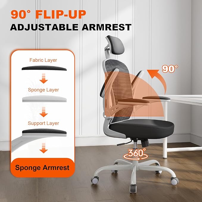 Office Chair Ergonomic Desk Chair, 330LBS Capacity, High Back Computer Design for Long Hours Comfort, Rolling Swivel for Home Office, Flip-up Armrests, Grey Black