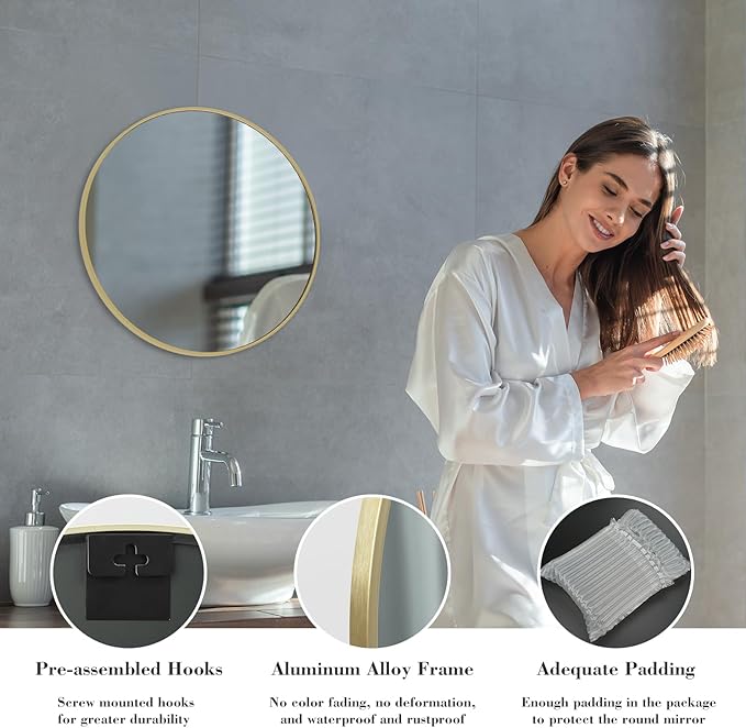 NEWBULIG 20 Inch Round Wall Mirror, Bathroom Mirror for Over Sink, Matte Metal Framed Circle Vanity Mirror, Wall Decor for Bedroom, Anti-Rust, Tempered Glass, Hanging or Leaning, Classic Gold