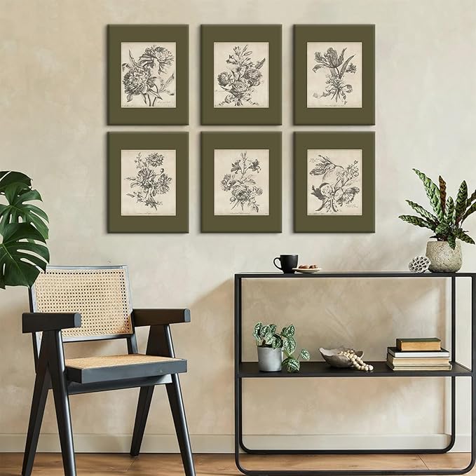 Vintage Floral Wall Art Sketch Flower Prints Antique Botanical Canvas Wall Art Decor Vintage Etchings Floral Poster Green Botanical Painting Sage Green Artwork for Bedroom 8x10x6 Inch Wrapped Canvas