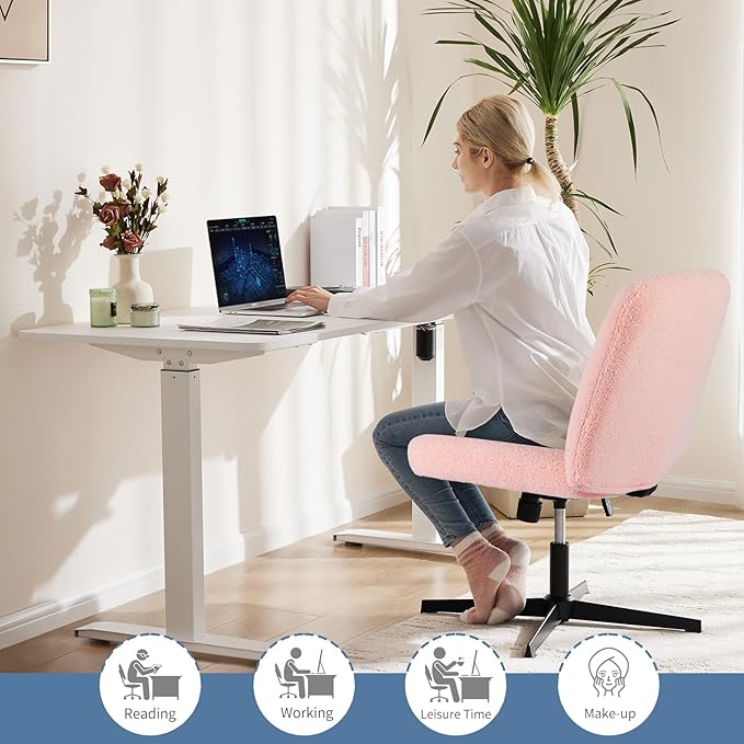 DUMOS Criss Cross Chair No Wheels, Legged Office Desk Armless Chiar Wide Seat, Adjustable Swivel Teddy Fabric Task Vanity Chairs for Home Bedroom, Pink