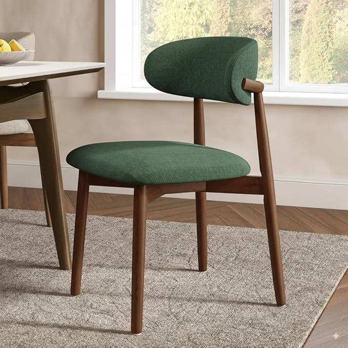 Modern Solid Wood Dining Chairs Set of 2 with Curved Back, Ergonomic Upholstered Seat, Natural Wood Legs with Adjustable Anti-Slip Foot Pad (Dark Green-Walnut, Set of 2)