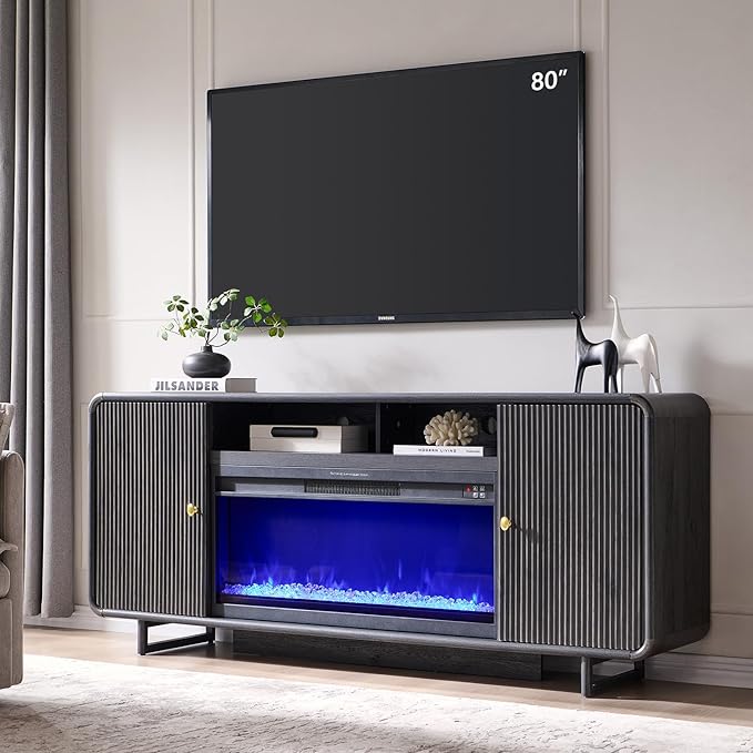 IFGET 70" Fluted Fireplace TV Stand for 80 Inch TV, Modern Entertainment Center w/36'' Electric Fireplace, Wood Media Console w/Curved Profile Design and Adjustable Shelves for Living Room, Dark Grey