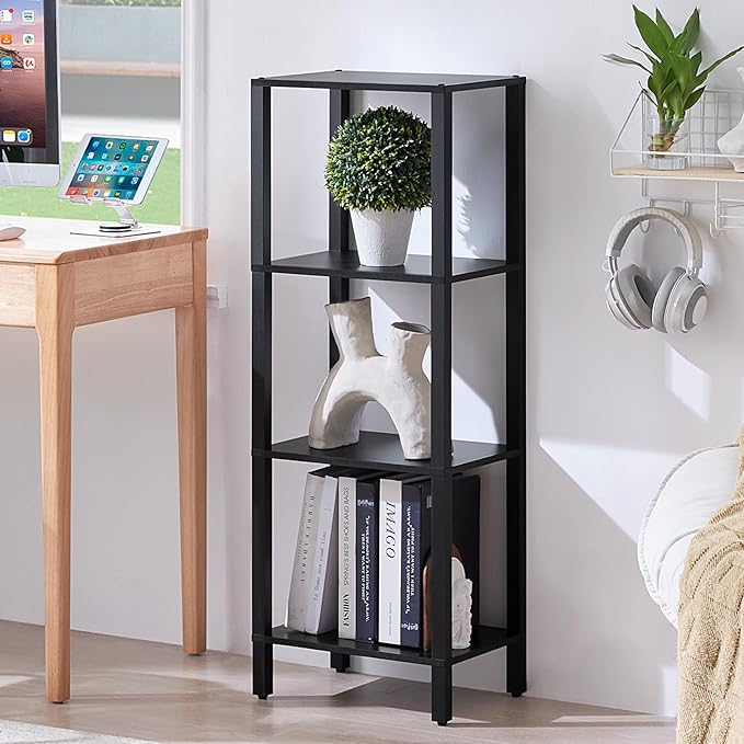 YUFAM 4 Tier Tall Wooden Bookshelf with Storage - Small Bookcase for Small Spaces, Shelf for Living Room, Office, Bedroom, Kitchen - Industrial Modern Black Book Shelf